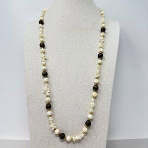 Vintage Milky Quartz Beaded Necklace Long Length‎ Gold-Tone